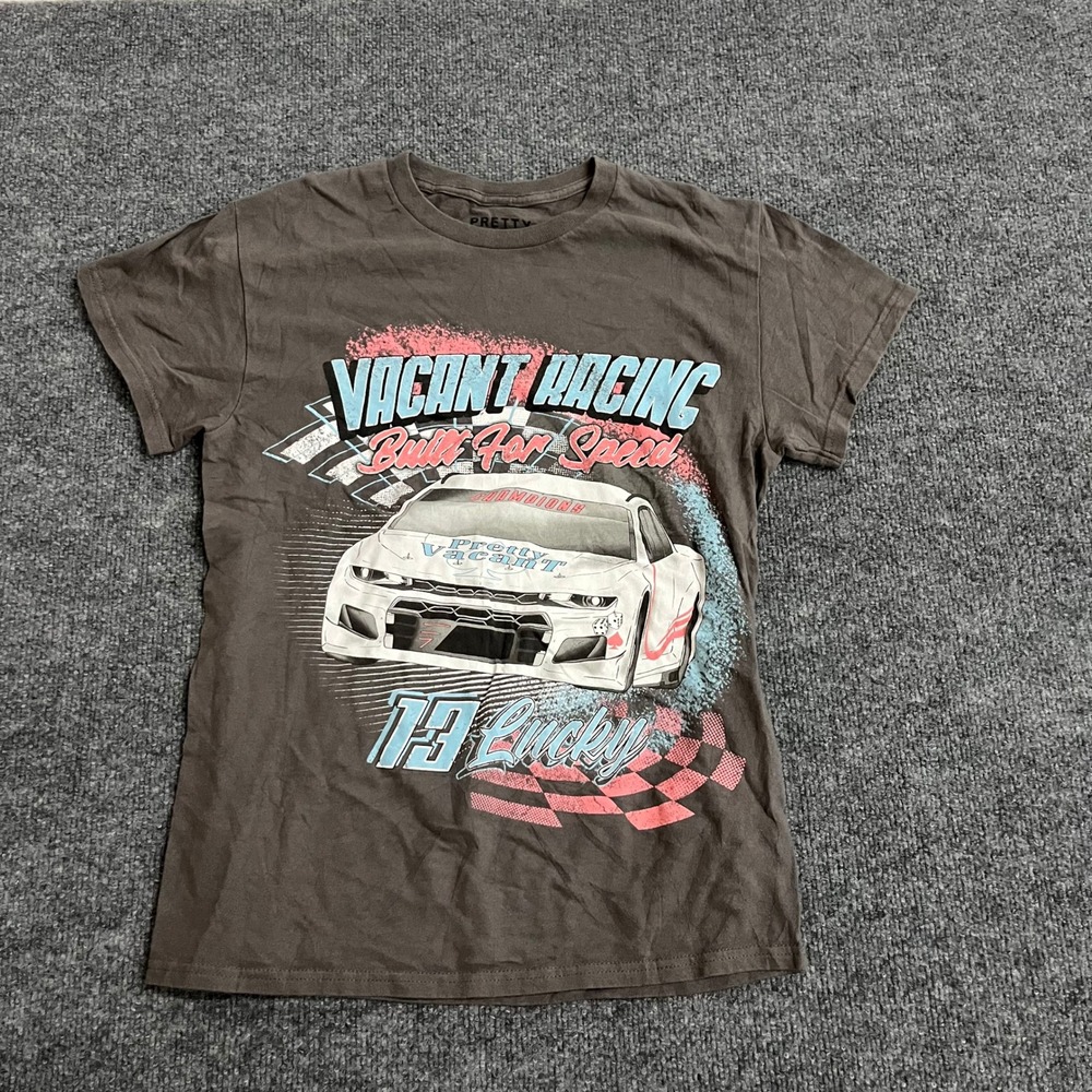 Pretty Vacant T-Shirt Womens Small Charcoal Gray Racing Graphic Short Sleeve